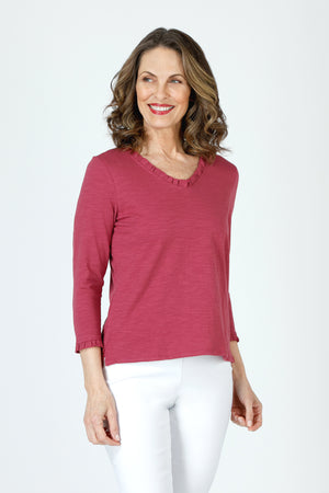 Top Ligne Ruffle V Neck Tee in Berry.  V neck 3/4 sleeve tee with ruffle trim at neck and cuff.  Side slits.  Relaxed fit._60003021422958