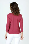 Top Ligne Ruffle V Neck Tee in Berry.  V neck 3/4 sleeve tee with ruffle trim at neck and cuff.  Side slits.  Relaxed fit._t_60003021390190