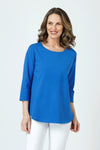 Top Ligne Button Back Top in Royal.  Crew neck 3/4 sleeve top with center  back button placket.  Curved hem.  _t_60018873631086