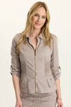 Wearables Wexel Jacket in Foxglove Pigment, a gray beige.  Pointed collar zip front jacket.  3/4 sleeve with twill tape adjustment.  2x1 rib inset at waist and under arms.  Single breast patch pocket.  2 front pouch pockets with button flap extra pocket.  Twill tape accents.  Contour seaming.  Classic fit._t_61438005772654