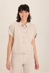 Wearables Abner Top in Ripple pigment.  Pointed collar button down with short roll tab sleeves.  Raw edges.  Front patch pocket with raw edge trim.  Inset jersey side panels.  High low hem.  Relaxed fit._t_60009031139694