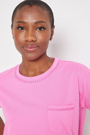 Lisa Todd Pick Me Up in Passion Pink.  Crew neck short sleeve pocket tee with deep pink embroidery around the neckline and on the pocket. Classic fit._60268326912366