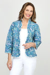 Lolo Luxe Floral Ruffled Open Jacket in Blue green.  Blue and green floral print.  Quilted open front jacket with white quilted lining.  3/4 sleeve.  Ruffle trim around neckline, front and hem.  White piping at edges.  Relaxed fit._t_60670826840430