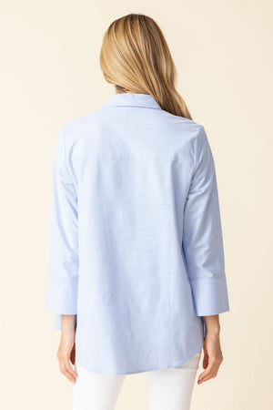 Habitat Perfect Travel Pocket Shirt in Oxford Blue.  Pointed collar button down shirt with 3/4 sleeve with split cuff.  2 front slash pockets.  Shirt tail hem.  Relaxed fit._59949863403886