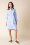 Habitat Perfect Travel Cafe Dress in Oxford Blue.  Pointed collar button down dress.  Shirt tail high low hem.  3/4 sleeve with 2 button cuff.  Relaxed fit._t_59962152583534