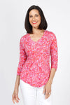 Top Ligne Floral Bloom V Neck Top in Pink.  Stylized rose print in pink orange and white.  V neck crinkle top with 3/4 sleeve.  U shaped hem.  Relaxed fit._t_35333660016840