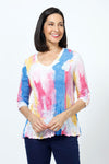 Top Ligne Watercolor Shredded Back Top in Multi.  Bright streaks of blue, pink and yellow on a white background.  V neck 3/4 sleeve top with 4 button trim at sleeve hem.  V insert at back with shredded strips of fabric.  Relaxed fit.._t_35222513516744