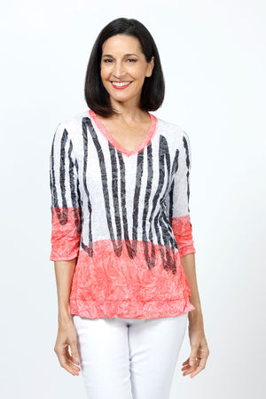 Top Ligne Lines & Solid V Neck Top.  Dipped bright red/orange lower body and lower sleeve.  Bold black scribble print over white on top.  Solid red/orange trim at neck.  V neck 3/4 sleeve crinkle top.  Curved hem.  Relaxed fit._35222570795208