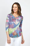 Top Ligne Print Collage V Neck Top in Multi.  Patchwork of multi colored abstract designs.  V neck 3/4 sleeve crinkle tee with curved hem. Relaxed fit._t_34980994547912