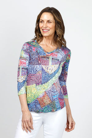 Top Ligne Print Collage V Neck Top in Multi.  Patchwork of multi colored abstract designs.  V neck 3/4 sleeve crinkle tee with curved hem. Relaxed fit._34980994547912