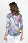 Top Ligne Print Collage V Neck Top in Multi. Patchwork of multi colored abstract designs. V neck 3/4 sleeve crinkle tee with curved hem. Relaxed fit._t_34980994482376
