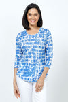 Top Ligne Watercolor Drops Crew in Blue and white.  Abstract dots print.  Crew neck 3/4 sleeve top with curved hem.  Relaxed fit._t_35222538617032