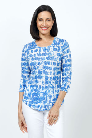 Top Ligne Watercolor Drops Crew in Blue and white.  Abstract dots print.  Crew neck 3/4 sleeve top with curved hem.  Relaxed fit._35222538617032
