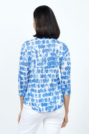 Top Ligne Watercolor Drops Crew in Blue and white. Abstract dots print. Crew neck 3/4 sleeve top with curved hem. Relaxed fit._35222538584264