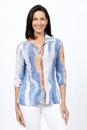 Top Ligne Color Waves Snap Front Shirt in Blue and white with rust accents.  Vertical wave print.  Pointed color snap front top with colored snaps.  3/4 sleeve with grommet and lace detail above slit cuff.  Relaxed fit._34812274442440