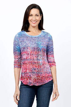 Top Ligne Stripe Gradient Crew Top.  Blue and pink gradient vertical stripes on crinkle fabric.  Crew neck 3/4 sleeve top with shirt tail hem.  Relaxed fit._34812162015432