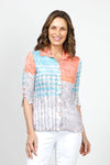 Top Ligne Pattern Mix Snap Front Shirt in Blue Orange & White.  Mixed prints in patchwork pattern.  Pointed collar snap front shirt with pairs of colored snaps down front.  3/4 sleeve with split cuff and laces trim.  Shirt tail hem.  Crinkle fabric.  Relaxed fit._t_34981294833864