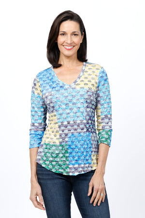 Top Ligne Dots & Squares V Neck top in Blue green and yellow.  Circle print with color block squares of blue, green and yellow.  V neck, 3/4 sleeve crinkle top.  Shirt tail hem.  Relaxed fit._34812265660616