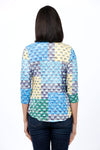Top Ligne Dots & Squares V Neck top in Blue green and yellow. Circle print with color block squares of blue, green and yellow. V neck, 3/4 sleeve crinkle top. Shirt tail hem. Relaxed fit._t_34812265627848