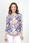 Top Ligne Color Party Crinkle Top in Pink, Blue Yellow.  Bold abstract block and swirl print.  Crew neck 3/4 sleeve crinkle top.  Curved hem.  Relaxed fit._t_34981374492872