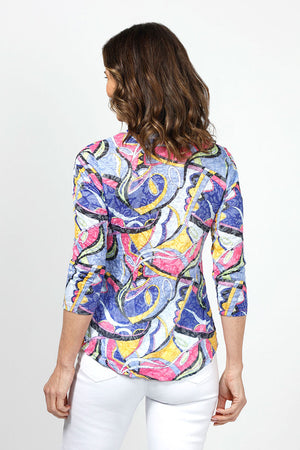 Top Ligne Color Party Crinkle Top in Pink, Blue Yellow. Bold abstract block and swirl print. Crew neck 3/4 sleeve crinkle top. Curved hem. Relaxed fit._34981374525640