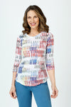 Top Ligne Lines & Patches Crew in Multi.  Bright line print in blocks on a white background.  Crew neck crinkle top with 3/4 sleeve and curved hem.  Relaxed fit._t_59961594675566