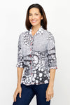Top Ligne Whimsy Clocks Snap Front Shirt in Black/White.  Abstract mix of geometric prints and whimsical clock faces.  Pointed collar snap front shirt with pairs of red snaps.  3/4 sleeve with split cuff and lace-up detail.  Relaxed fit._t_61205457404270