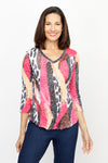 Top Ligne Abstract Animal V Top in Multi.  Bright strokes of red black and brown with white and black animal print.  Banded v neck 3/4 sleeve crinkle top with curved hem.  Relaxed fit._t_61205448819054
