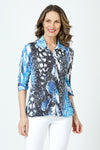 Top Ligne Abstract Animal Snap Front Shirt in Black and Blue.  Pointed collar snap front shirt with blue covered snaps.  3/4 sleeve with split cuff and lace up detail  Relaxed fit._t_59961603785070