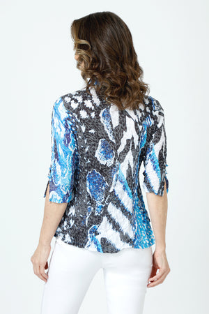 Top Ligne Abstract Animal Snap Front Shirt in Black and Blue.  Pointed collar snap front shirt with blue covered snaps.  3/4 sleeve with split cuff and lace up detail  Relaxed fit._59961603752302