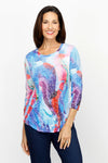 Top Ligne Color Swirls Crew.  Multi swirls of color.  Banded crew neck 3/4 sleeve top.  Crinkle fabric.  Curved hem.  Relaxed fit._t_61205469167982