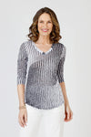 Top Ligne Stripe Combo Crew Neck in Black/White.  Bold striped and geometric print.  Banded v neck with 3/4 sleeve.  Curved hem.  Relaxed fit._t_59835153514862