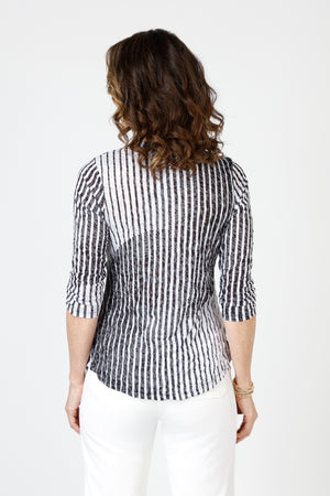 Top Ligne Stripe Combo Crew Neck in Black/White.  Bold striped and geometric print.  Banded v neck with 3/4 sleeve.  Curved hem.  Relaxed fit._59835153482094
