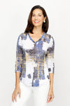 Top Ligne Distinct Strokes V Neck in Multi.  Abstract mosaic print. Banded v neck with 3/4 sleeve.  Crinkle textured fabric.  Curved hem.  Relaxed fit._t_61205507703150