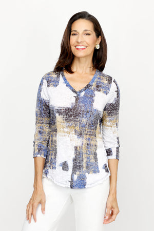 Top Ligne Distinct Strokes V Neck in Multi.  Abstract mosaic print. Banded v neck with 3/4 sleeve.  Crinkle textured fabric.  Curved hem.  Relaxed fit._61205507703150