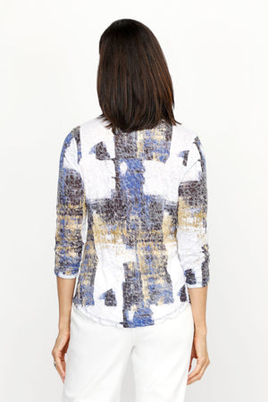 Top Ligne Distinct Strokes V Neck in Multi.  Abstract mosaic print. Banded v neck with 3/4 sleeve.  Crinkle textured fabric.  Curved hem.  Relaxed fit._61205507670382
