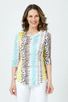 Top LIgne Dots & Dashes Crew Top in Gray/Yellow.  Vertical multi colored print with dots and dashes.  Banded crew neck crinkle top  with 3/4 sleeve and curved hem.  Relaxed fit._t_59961620857198