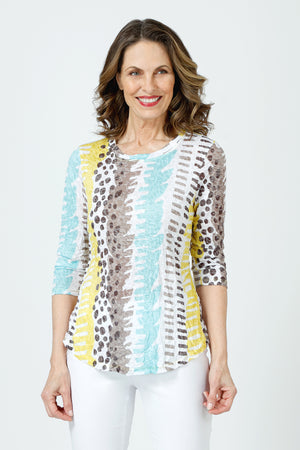 Top LIgne Dots & Dashes Crew Top in Gray/Yellow.  Vertical multi colored print with dots and dashes.  Banded crew neck crinkle top  with 3/4 sleeve and curved hem.  Relaxed fit._59961620857198