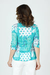 Top Ligne Dots & Solids Snap Front Shirt in Turquoise.  Bright swirls and bloc print with multi dot detail.  Pointed collar snap front with pairs of turquoise snaps.  3/4 sleeve with split hem and lace-up detail.  Shirt tail hem.  Relaxed fit._t_59961640747374