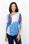 Top Ligne Colorblock Crinkle Crew in Blue.  Shades of blue, purple and white circular bocks. overprinting a floral background.  Banded crew neck with 3/4 sleeve. Curved hem.  Relaxed fit._t_61205436989806