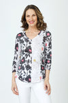 Top Ligne Floral Sketches V Neck Top in White/Black.  Bold black floral print on white with panels of lightly sketched flowers.  Banded v neck 3/4 sleeve crinkle top with curved hem. Relaxed fit._t_59961895813486