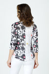 Top Ligne Floral Sketches V Neck Top in White/Black.  Bold black floral print on white with panels of lightly sketched flowers.  Banded v neck 3/4 sleeve crinkle top with curved hem. Relaxed fit._t_59961895846254