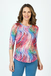 Top Ligne Rainbow Swirls Crew in Multi.  Bright rainbow colored swirl print.  Banded crew neck crinkle top with 3/4 sleeve and curved hem.  Relaxed fit._t_59961839026542