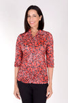 Top Ligne Red Flowers Snap Front Shirt in Red and Black.  Pointed collar snap front shirt with red covered snaps.  3/4 sleeve with split cuff and lace detail.  Relaxed fit._t_34378563387592