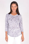 Top Ligne Pebbles Crew Crinkle Top in White with black abstract pebble pattern. Crew neck, 3/4 sleeve top with shirt tail hem. Crinkle fabric  Relaxed fit._t_34321478189256