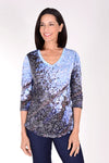 Top Ligne Floral Pop V Neck Top.  light blue mosaic print monochromatic color print on diagonal and part of sleeve. V neck with 3/4 sleeve.  Crinkle top. Relaxed fit._t_34378706518216