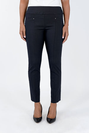 Elliott Lauren Faux Pocket Ankle Pant in Navy. Pull on pant with 3" waistband and faux angled pocket detail at sides with grommet trim. Slim leg. 28 1/2" inseam._34452324253896