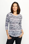 Top Ligne Shadow Lines Crew in Black and White.  Horizontal broken scribbles in black on white.  Crew neck 3/4 sleeve crinkle top with curved hem.  Relaxed fit._t_61704136819054