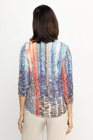 Top Ligne Color Ripples V Neck in Multi.  Vertical rippled stripes in multi colors.  V neck crinkle top with 3/4 sleeve.  Curved hem.  Relaxed fit._61704101134702