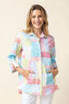 Habitat Perfect Travel Patchwork Blouse in Multi.  Pointed collar button down blouse with 3/4 sleeve and split cuff.  Contour seams.  Angled front welt pockets.  Relaxed fit._t_60125604217198